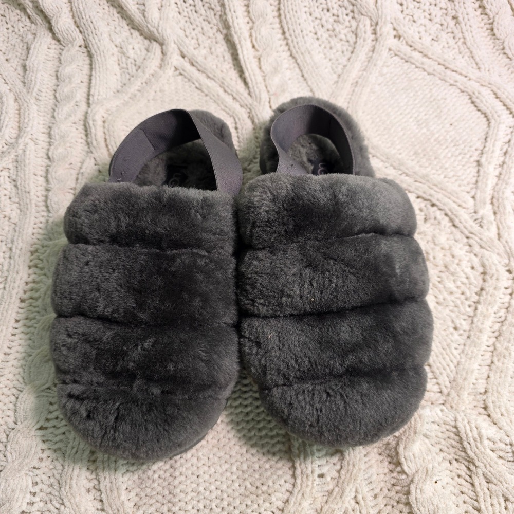 UGG Super Fluff Slipper Charcoal Gray Fluffy Shearling Slingback Women 8